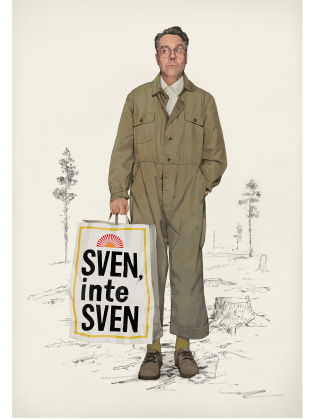 En man iklädd overall som står mitt i ett kalhygge, i handen har han en påse som det står Sven, inte Sven på