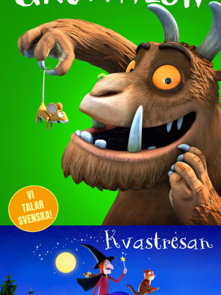 Affischen är uppdelad i två delar. Överst syns Gruffalon, ett stort lurvigt väsen, som håller en mus i svansen mot en grön bakgrund. Nederst flyger en häxa på en kvast med en katt under en natthimmel. Titlarna Gruffalon och Kvastresan står i stora bokstäver, och en röd banderoll anger biopremiär 10 november.