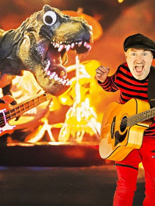 Ett montage med en man och en dinosaurie