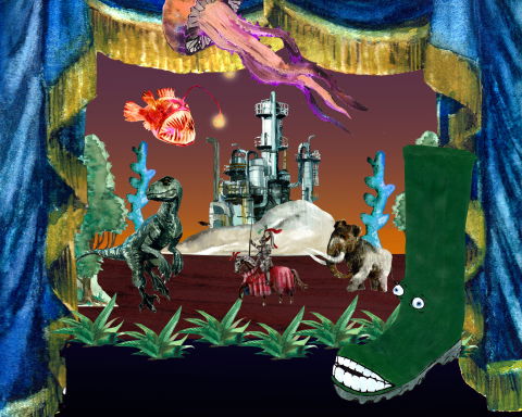 Surrealistisk collage med en grön stövel med ansikte, dinosaurie, riddare, mammut och en fabrik i bakgrunden.