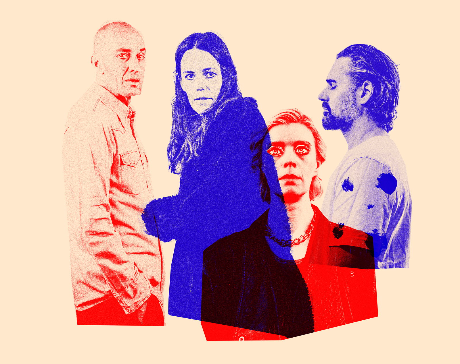 Fyra vuxna personer i färgfiltrerat montage, två kvinnor och två män, tittar i olika riktningar.