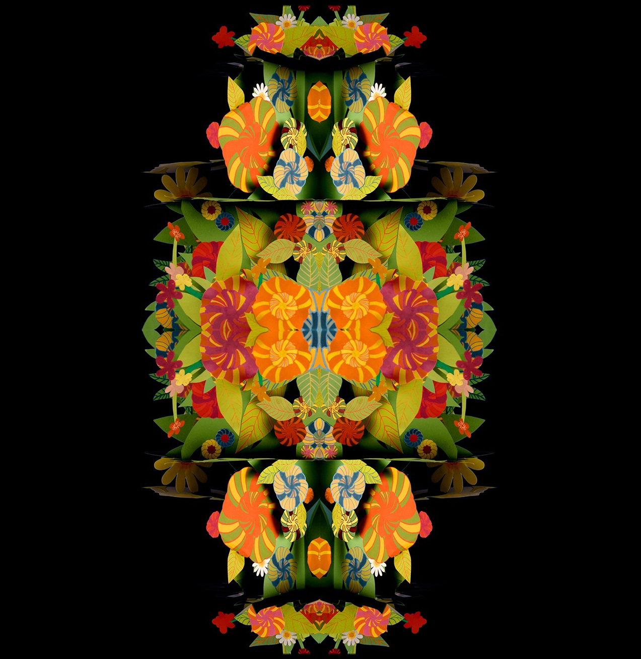 Symmetrisk design med färgglada blommor och blad i papper, i orange, rött, grönt och blått på svart bakgrund.