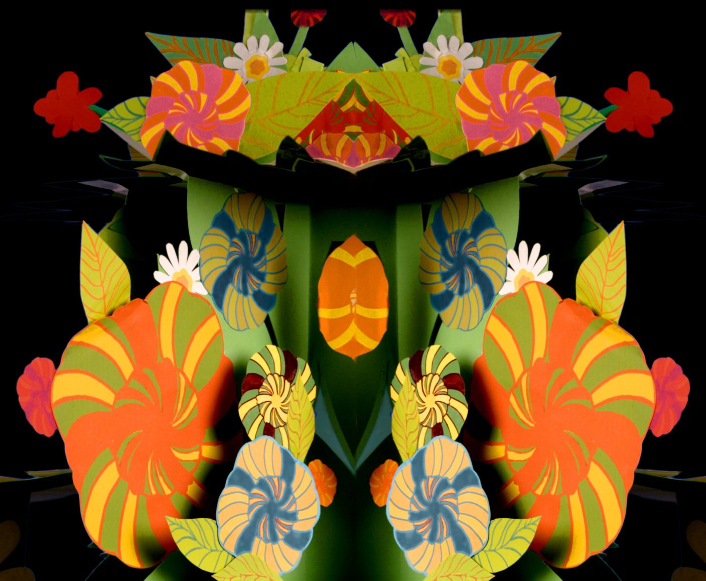 Symmetrisk design med färgglada blommor och blad i papper, i orange, rött, grönt och blått på svart bakgrund.
