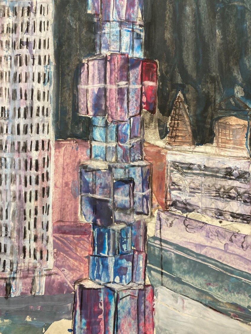 En målning av glasobelisken vid Sergels torg och ett höghus. 