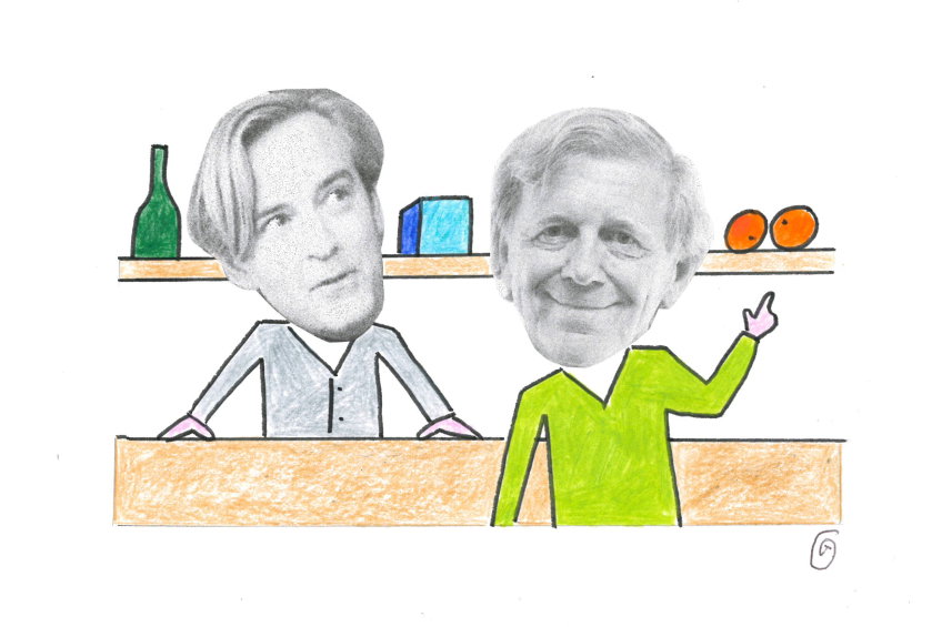 Illustration med Andreas T Olsson och Claes Eriksson i en affärsmiljö