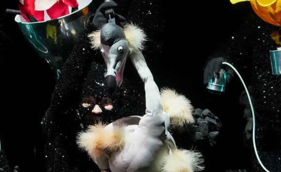 Vuxen person i svart, glittrig dräkt håller en stor fågeldocka med lång hals ovanför scen med växter.