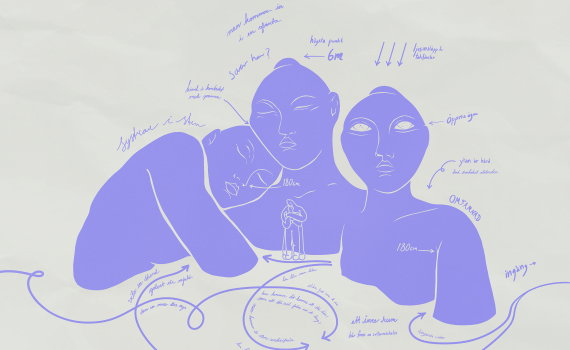 Skiss av tre stiliserade figurer i lila med handskrivna anteckningar och pilar som beskriver en installation.