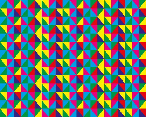 Fyrfärgsmönster av trianglar i blått, gult, rosa, grönt och rött i upprepat rutnät.