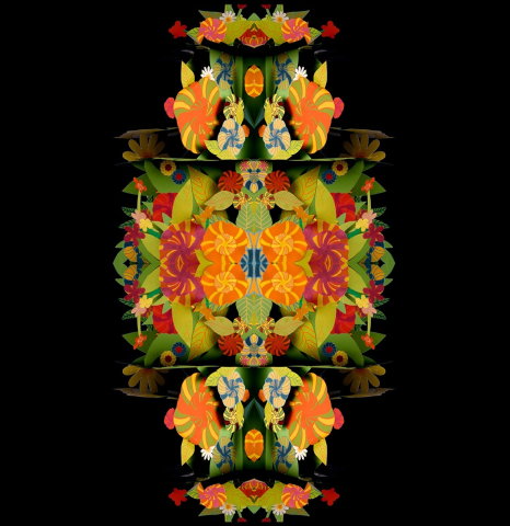 Symmetrisk design med färgglada blommor och blad i papper, i orange, rött, grönt och blått på svart bakgrund.