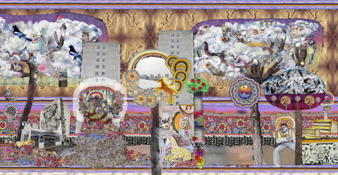 Collage byggnader, figurer, trädmoln, fåglar och fantasi