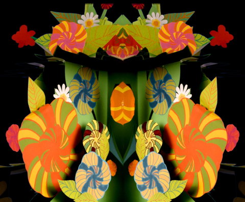 Symmetrisk design med färgglada blommor och blad i papper, i orange, rött, grönt och blått på svart bakgrund.
