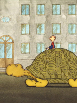 Animerad bild på en pojke som rider på en sköldpadda