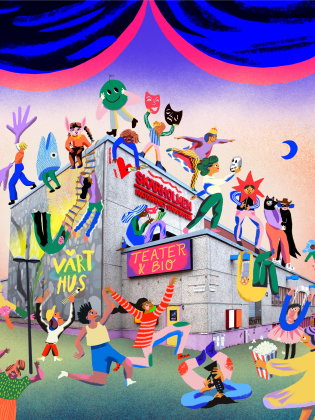 Ett stort grått hus med massor av illustrerade barn på och kring huset. 