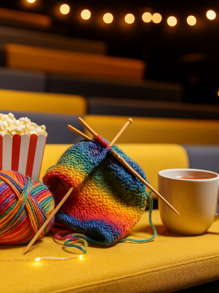 En biografgradäng med popcornbägare, stickor och en kopp te