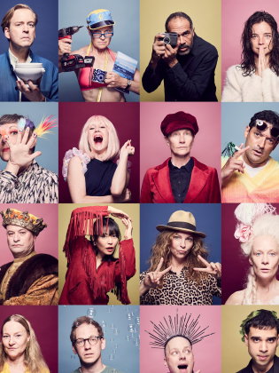 Montage med 35 skådespelare i färgglada kläder och utklädnader, poserande individuellt mot olika bakgrunder.