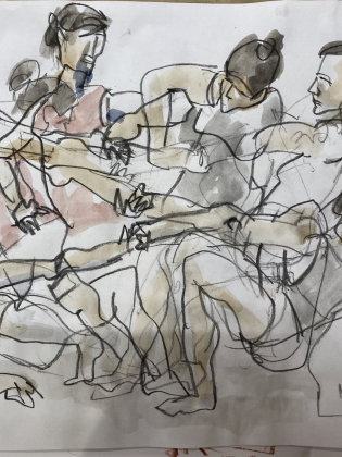 Skiss med flera överlappande figurer av unga personer i träningskläder i olika sittande och lutande poser.