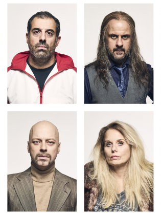 Åtta porträtt av fyra vuxna personer (två män, en kvinna och en man med peruk) i olika klädstilar och frisyrer.