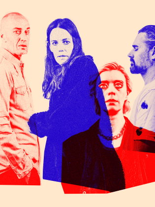 Fyra vuxna personer i färgfiltrerat montage, två kvinnor och två män, tittar i olika riktningar.