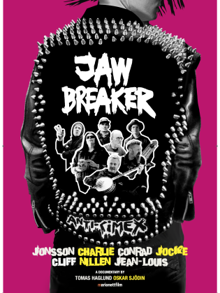 En svart nitjacka har Jawbreaker skrivet på sig.