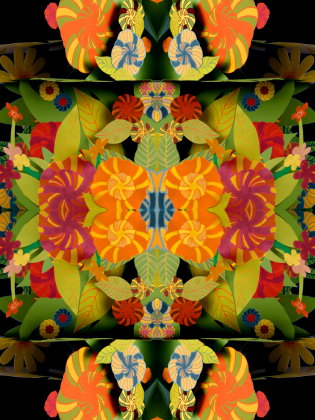 Symmetrisk design med färgglada blommor och blad i papper, i orange, rött, grönt och blått på svart bakgrund.