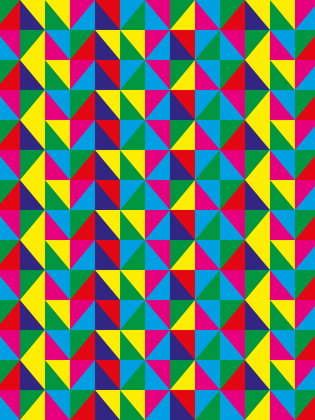 Fyrfärgsmönster av trianglar i blått, gult, rosa, grönt och rött i upprepat rutnät.