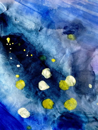 En målning med blå bakgrund och gula och vita prickar.