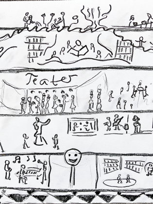 Handritad skiss med flera scener av människor i samtal, teater och aktiviteter, som illustrerar delaktighet och demokrati.