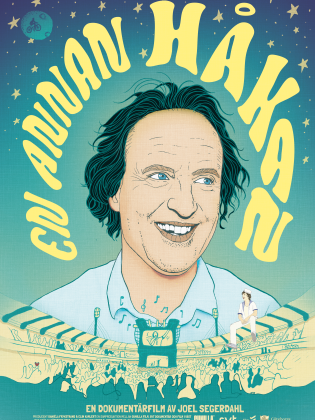 Tecknat porträtt av en skrattande man.