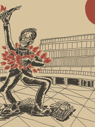 Illustration av en person med penna höjd i handen framför Kulturhuset; röda former kring kroppen och stor röd sol i bakgrunden.