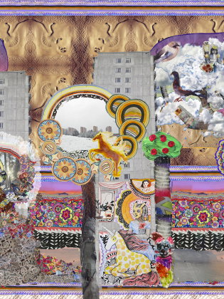 Collage byggnader, figurer, trädmoln, fåglar och fantasi