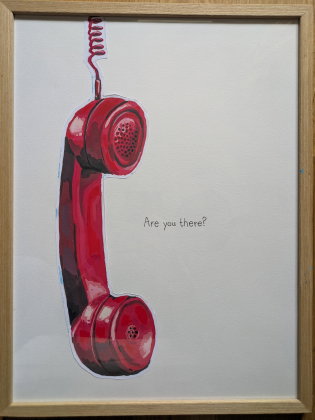 Inramad tavla av en röd telefon med sladd och text "Are you there?"