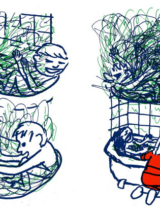 Två tecknade scener visar barn som badar i ett badkar fyllt med färgstarka, virvlande linjer och former. Illustrationerna är gjorda i blått, grönt och rött med ett lekfullt och uttrycksfullt bildspråk.